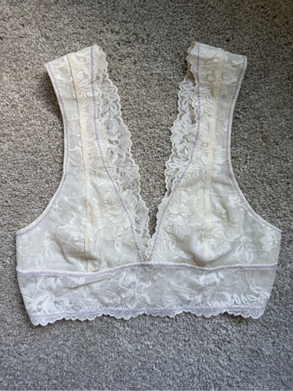 Free People Cream Lace Plunge Bralette with Lavender Trim